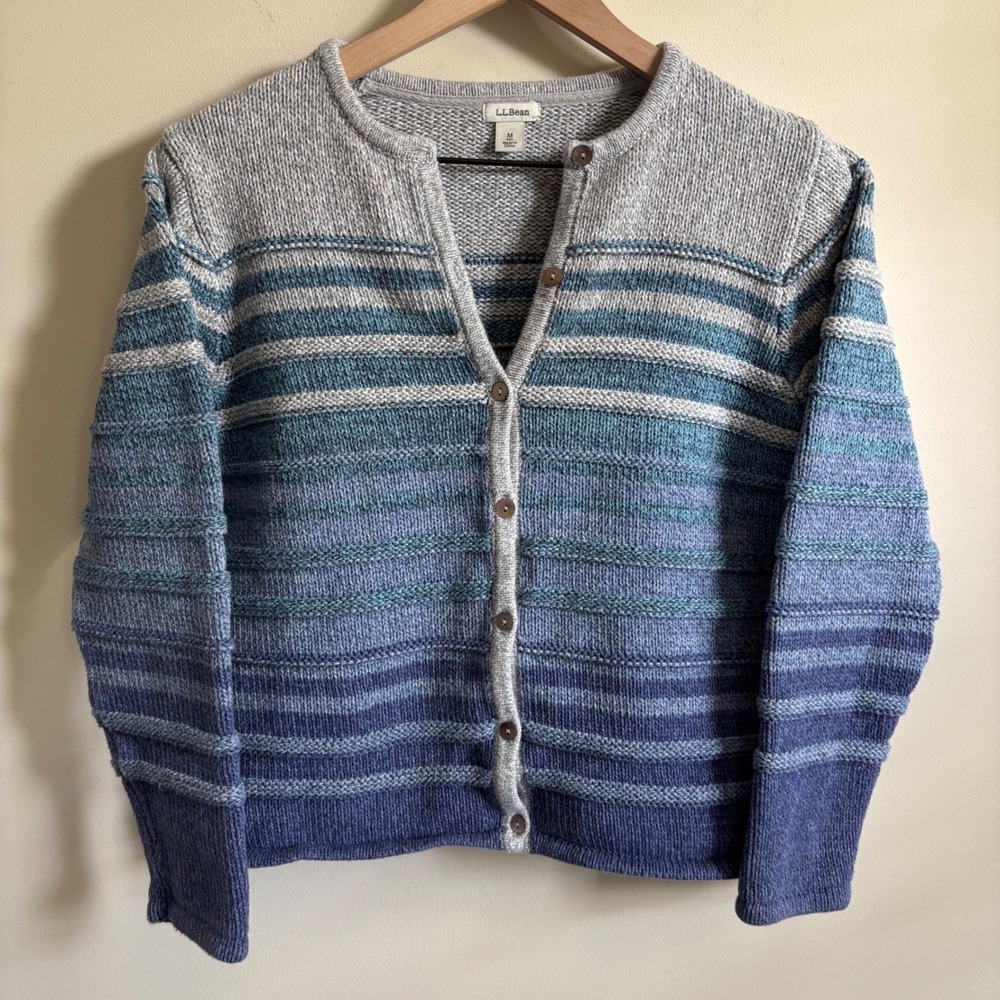 LL Bean Womens Blue Ombre Striped Knit Button Front Cardigan Sweater Size M